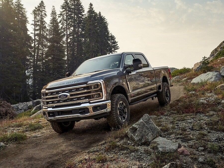 A ford truck sitting parked on a dirt road.