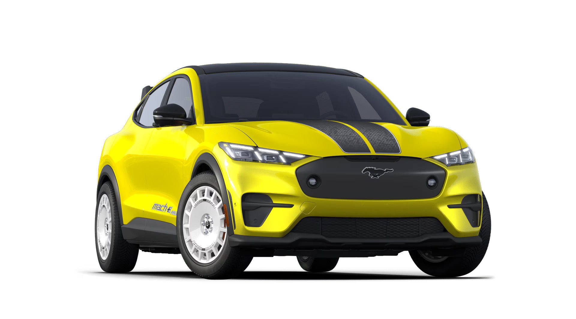 2024 mustang mach-e rally in yellow with black stipes