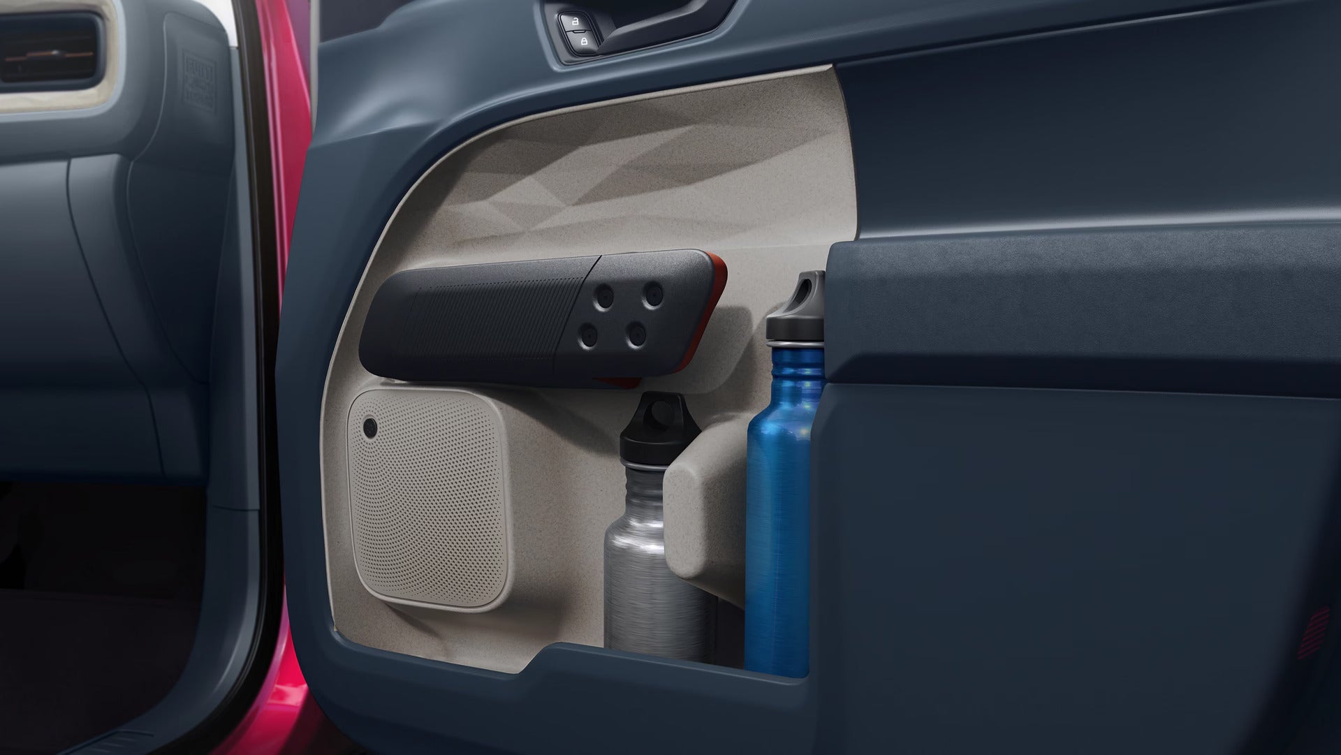 the passenger inside door of a ford maverick with reusable water bottle in the cargo area of it.