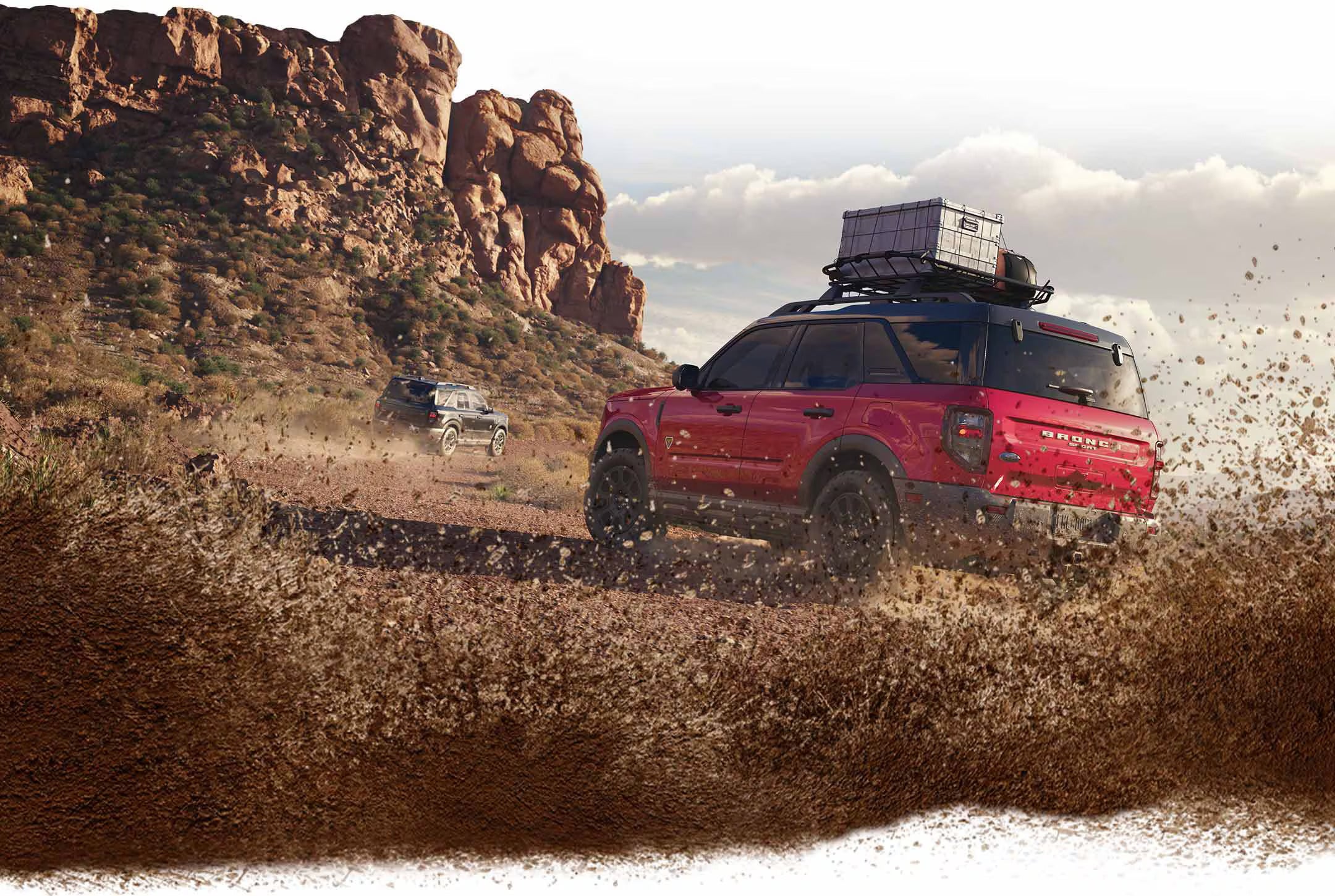 Three 2025 Ford Bronco Sport SUVs in different exterior colors showcasing their rugged and off-road ready design.