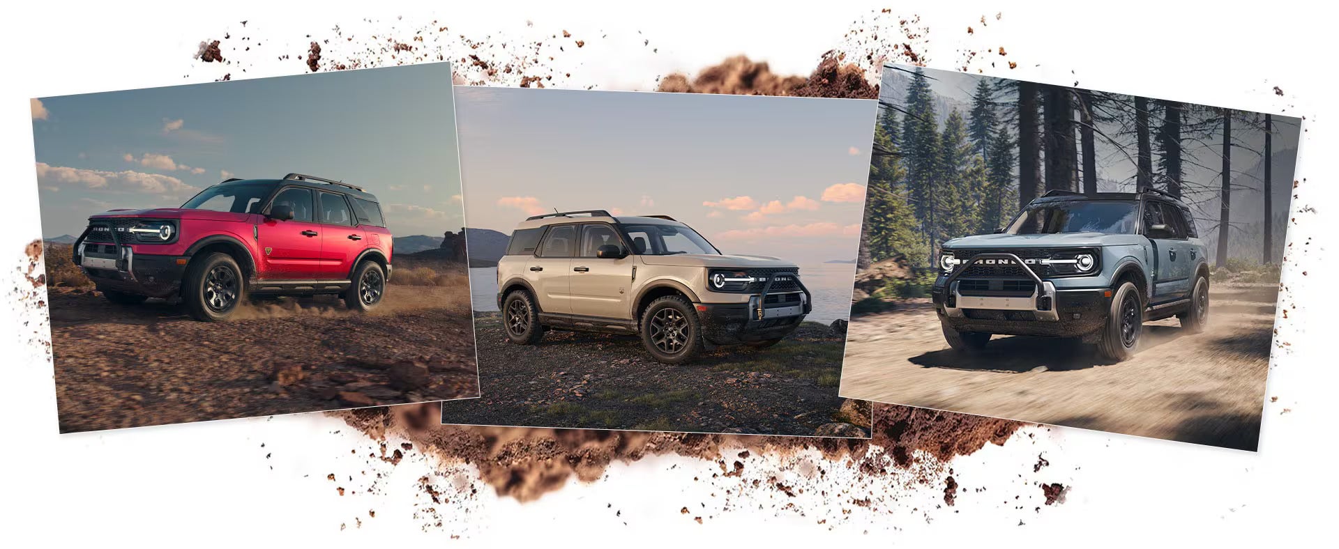 Three 2025 Ford Bronco Sport SUVs in different exterior colors showcasing their rugged and off-road ready design.