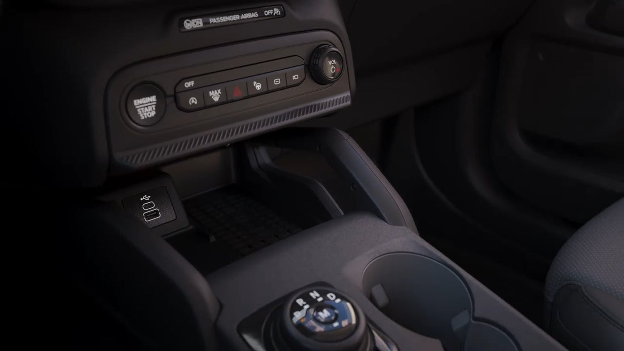 Close-up of the gear selector and control buttons in the 2025 Ford Bronco Sport interior.