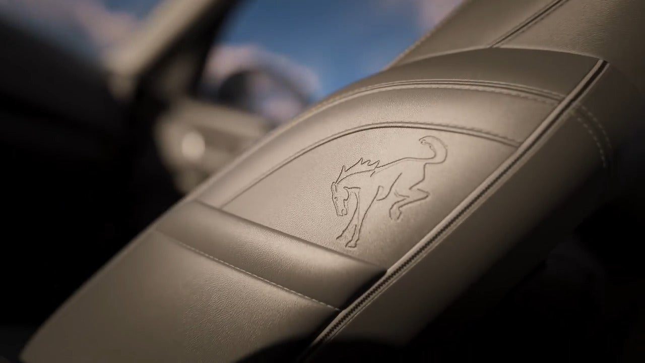 Close-up of the 2025 Ford Bronco Sport leather seat with Bronco logo stitching.