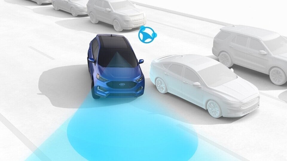 Illustration of Ford Bronco Sport safety assist technology showing lane-keeping and automatic steering assistance features.